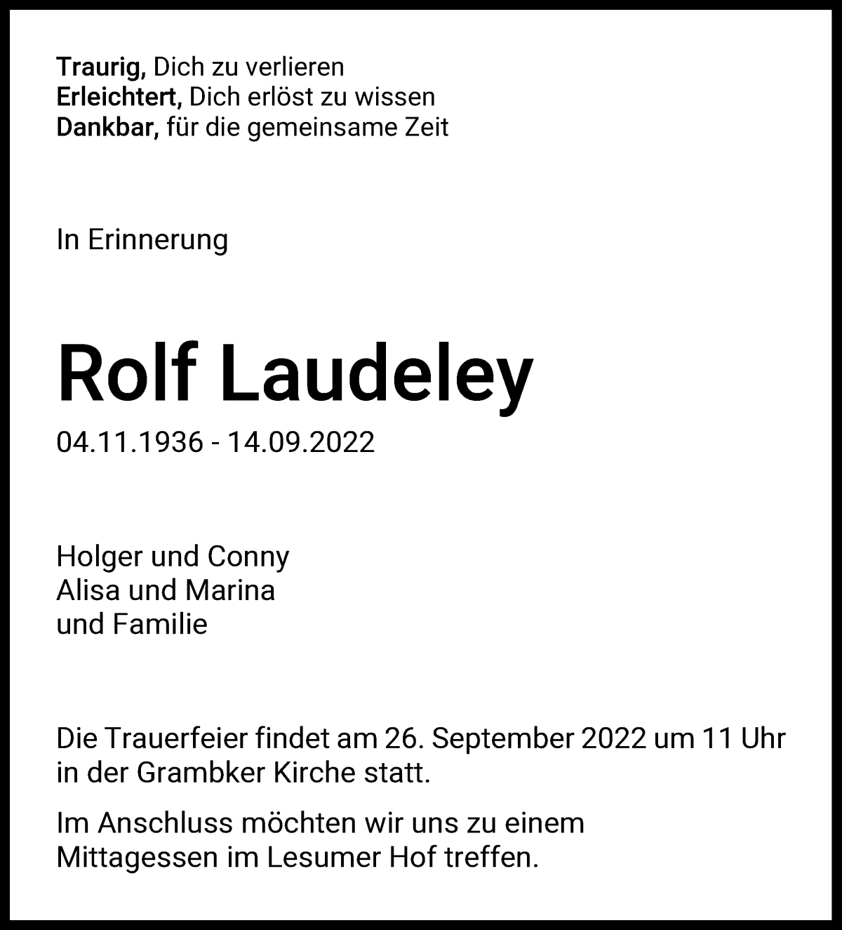  Traueranzeige für Rolf Laudeley vom 22.09.2022 aus WESER-KURIER