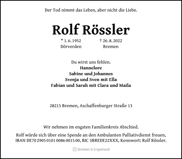 Traueranzeige von Rolf Rössler von WESER-KURIER