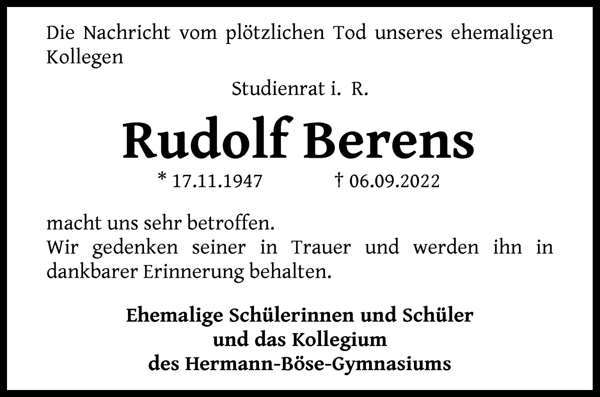  Traueranzeige für Rudolf Berens vom 19.09.2022 aus WESER-KURIER