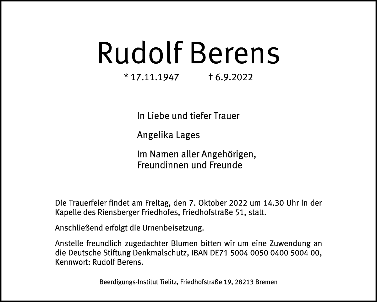 Traueranzeige für Rudolf Berens vom 17.09.2022 aus WESER-KURIER