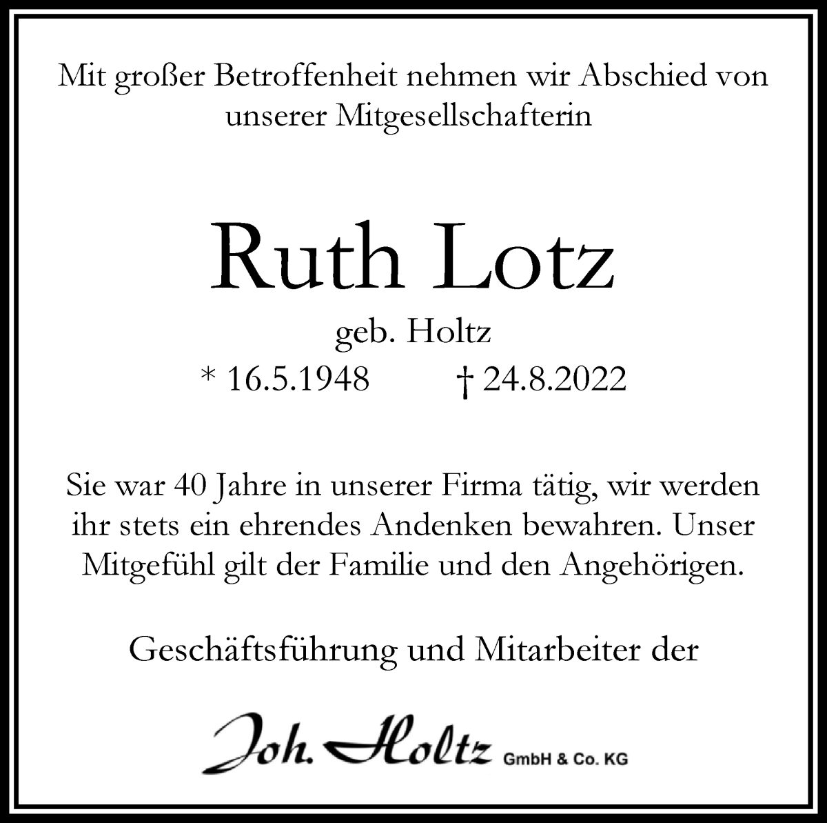  Traueranzeige für Ruth Lotz vom 03.09.2022 aus WESER-KURIER