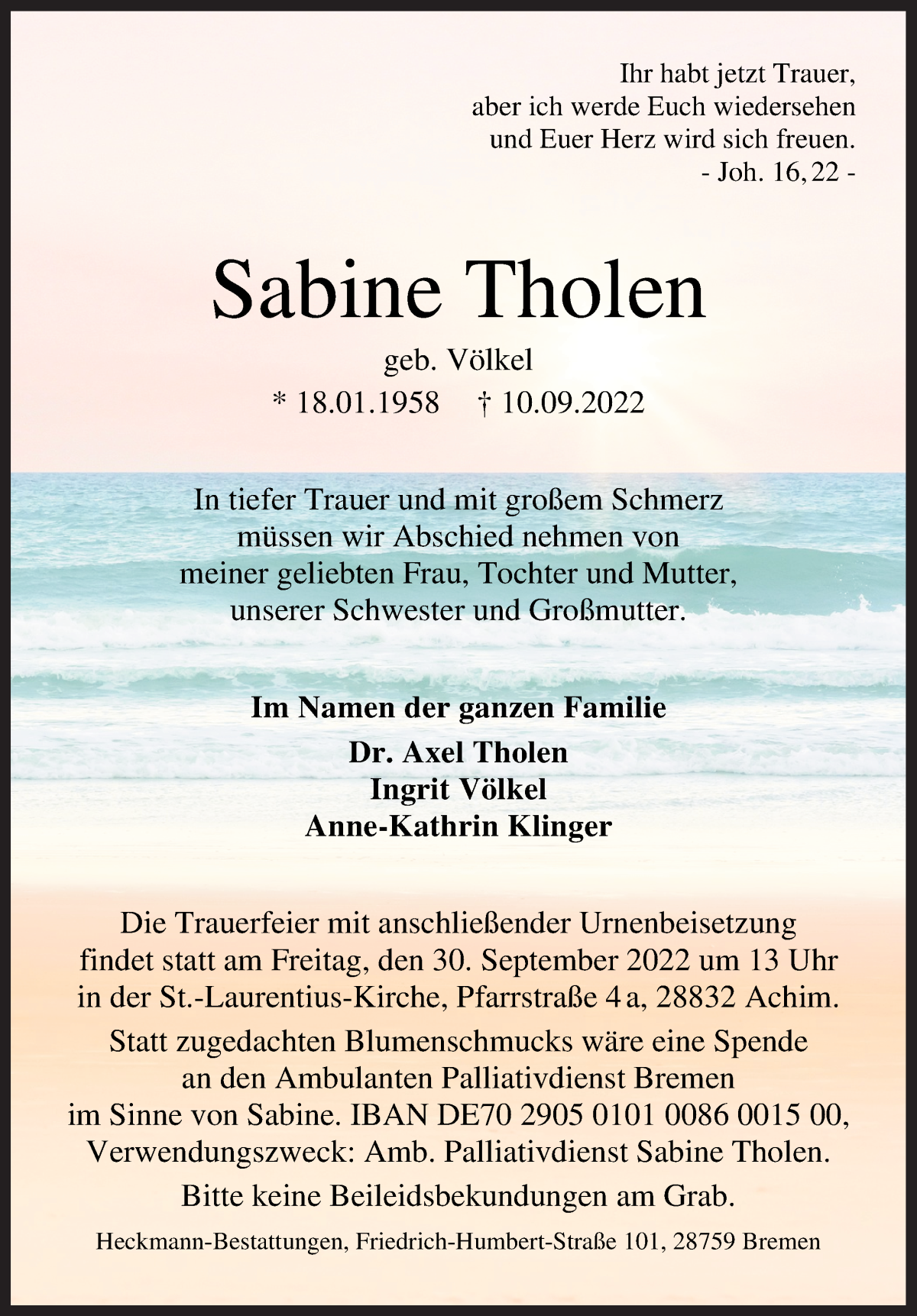  Traueranzeige für Sabine Tholen vom 20.09.2022 aus WESER-KURIER