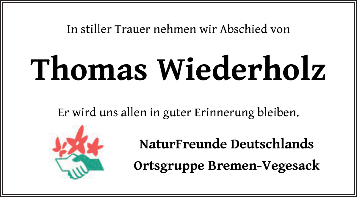  Traueranzeige für Thomas Wiederholz vom 10.09.2022 aus Die Norddeutsche