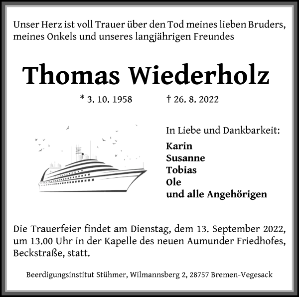 Traueranzeige von Thomas Wiederholz von Die Norddeutsche