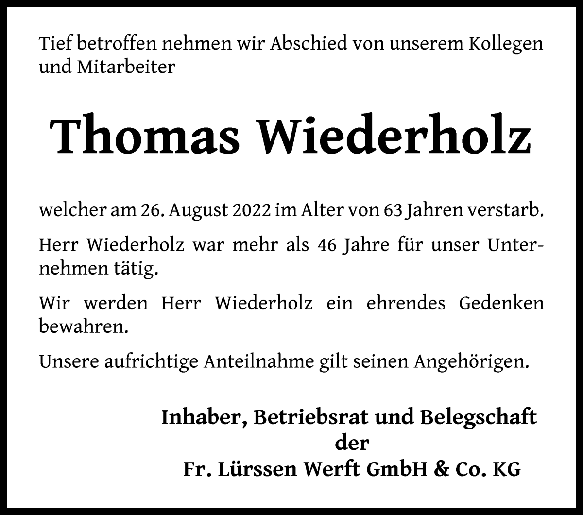  Traueranzeige für Thomas Wiederholz vom 03.09.2022 aus Die Norddeutsche