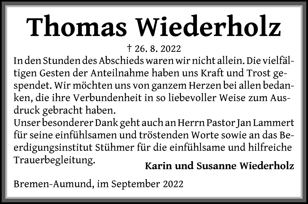  Traueranzeige für Thomas Wiederholz vom 24.09.2022 aus Die Norddeutsche