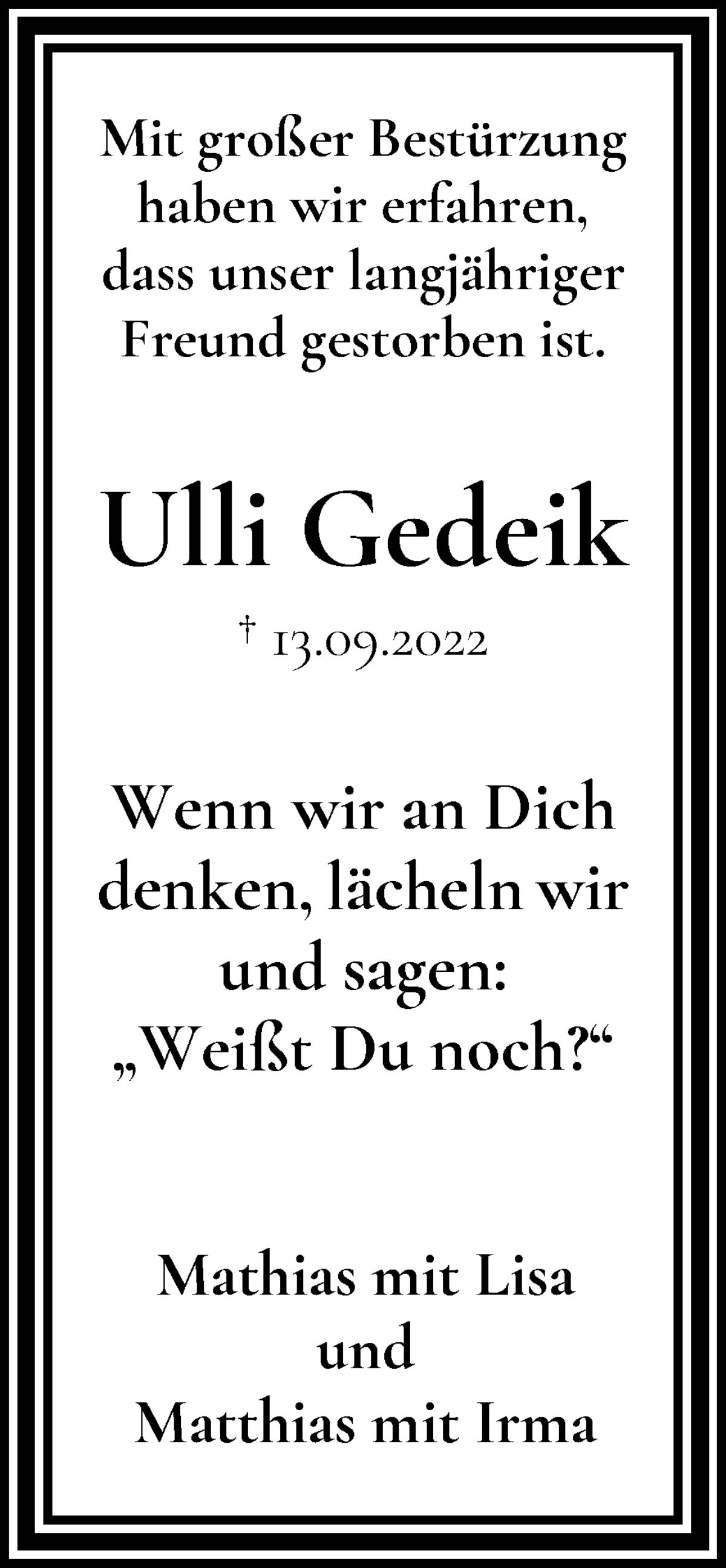  Traueranzeige für Ulrich Gedeik vom 23.09.2022 aus Osterholzer Kreisblatt