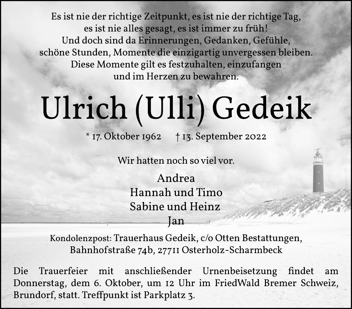  Traueranzeige für Ulrich Gedeik vom 20.09.2022 aus Osterholzer Kreisblatt