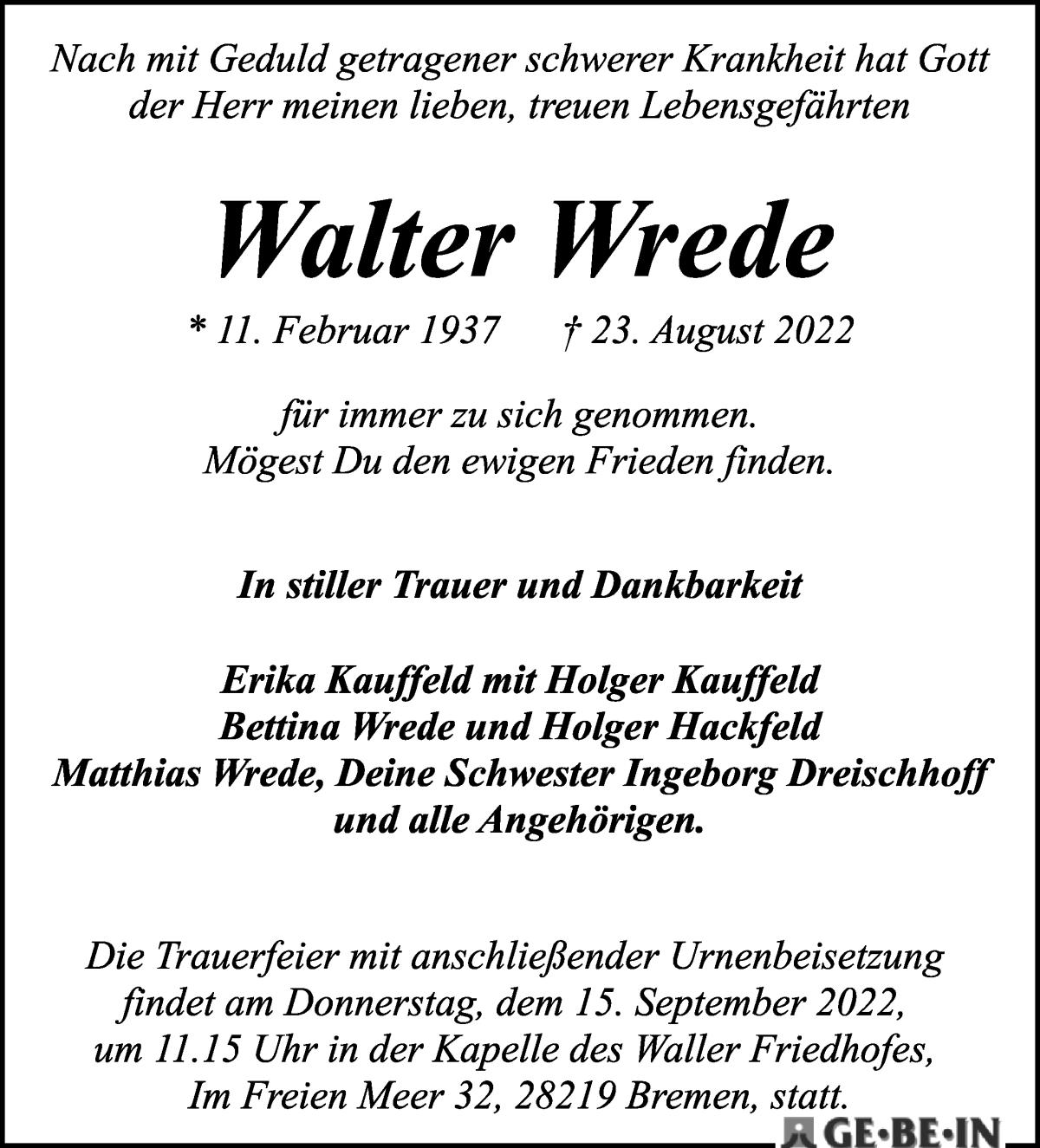 Traueranzeige von Walter Wrede von WESER-KURIER