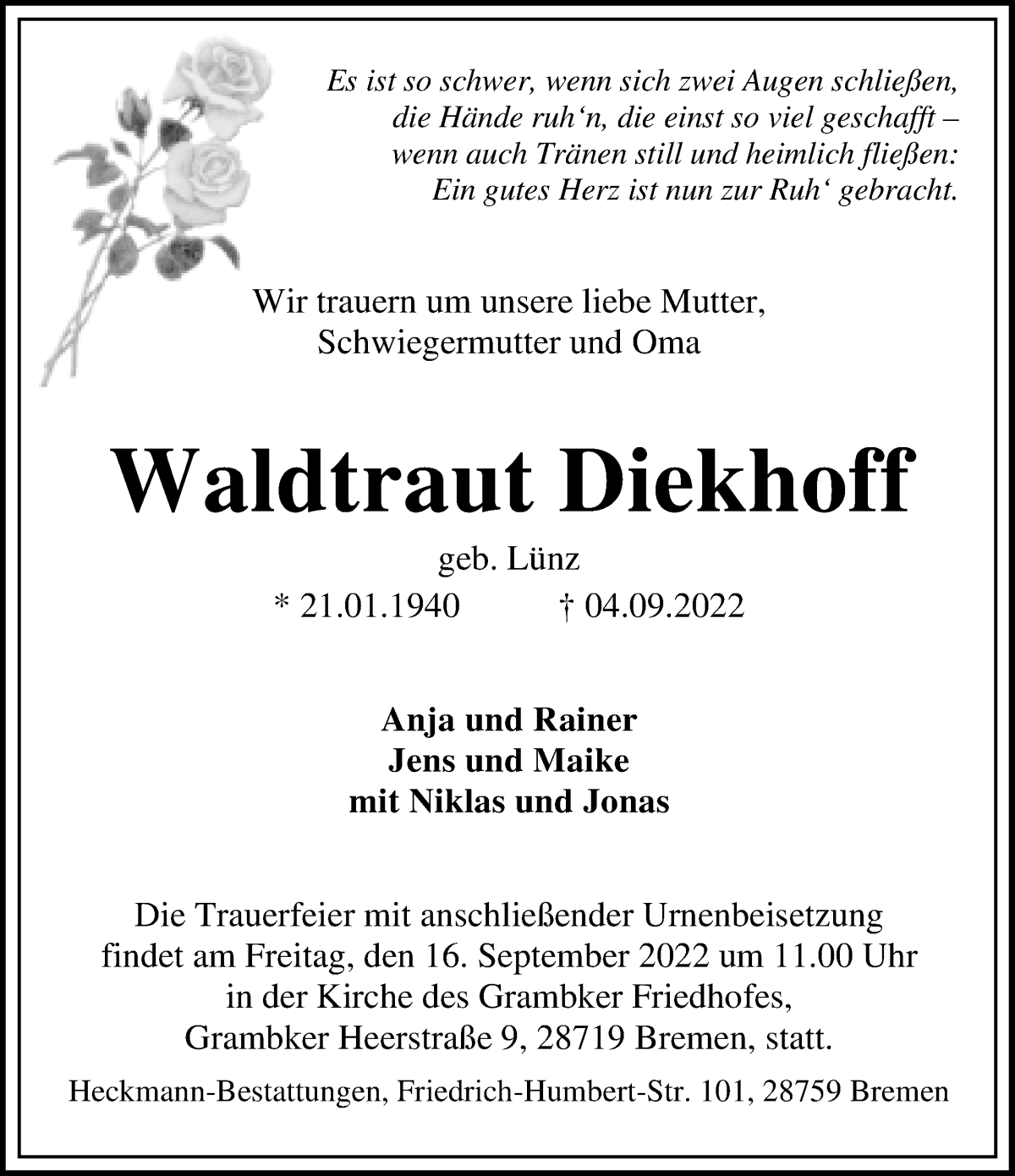  Traueranzeige für Waltraut Dieckhoff vom 10.09.2022 aus WESER-KURIER