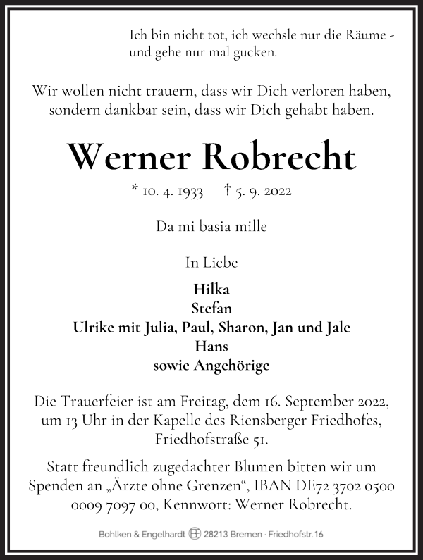 Traueranzeige von Werner Robrecht von WESER-KURIER