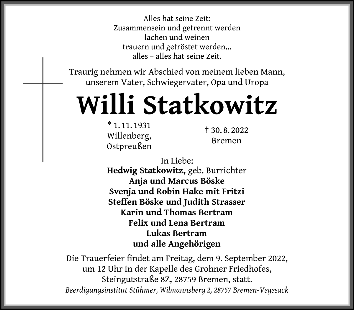  Traueranzeige für Willi Statkowitz vom 03.09.2022 aus Die Norddeutsche
