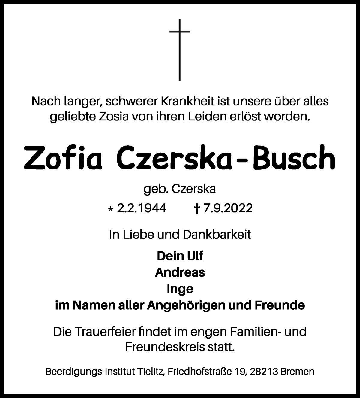  Traueranzeige für Zofia Czerska-Busch vom 17.09.2022 aus WESER-KURIER