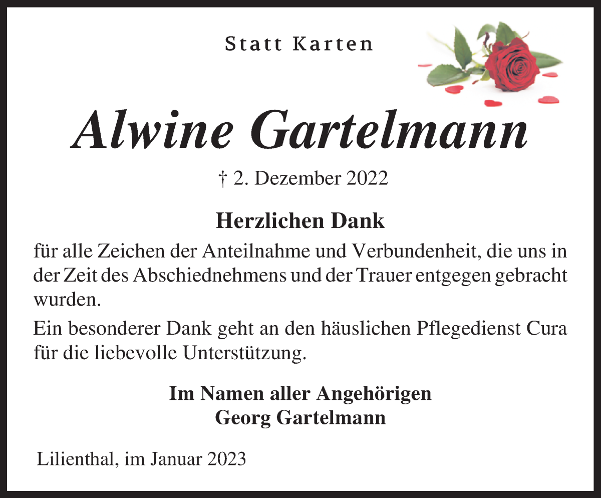  Traueranzeige für Alwine Gartelmann vom 11.01.2023 aus Wuemme Zeitung