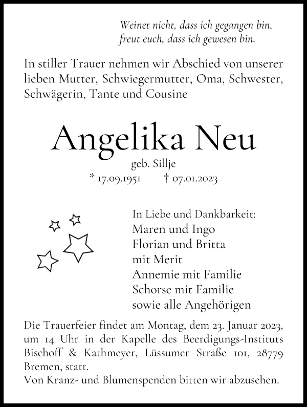 Traueranzeige von Angelika Neu von Die Norddeutsche