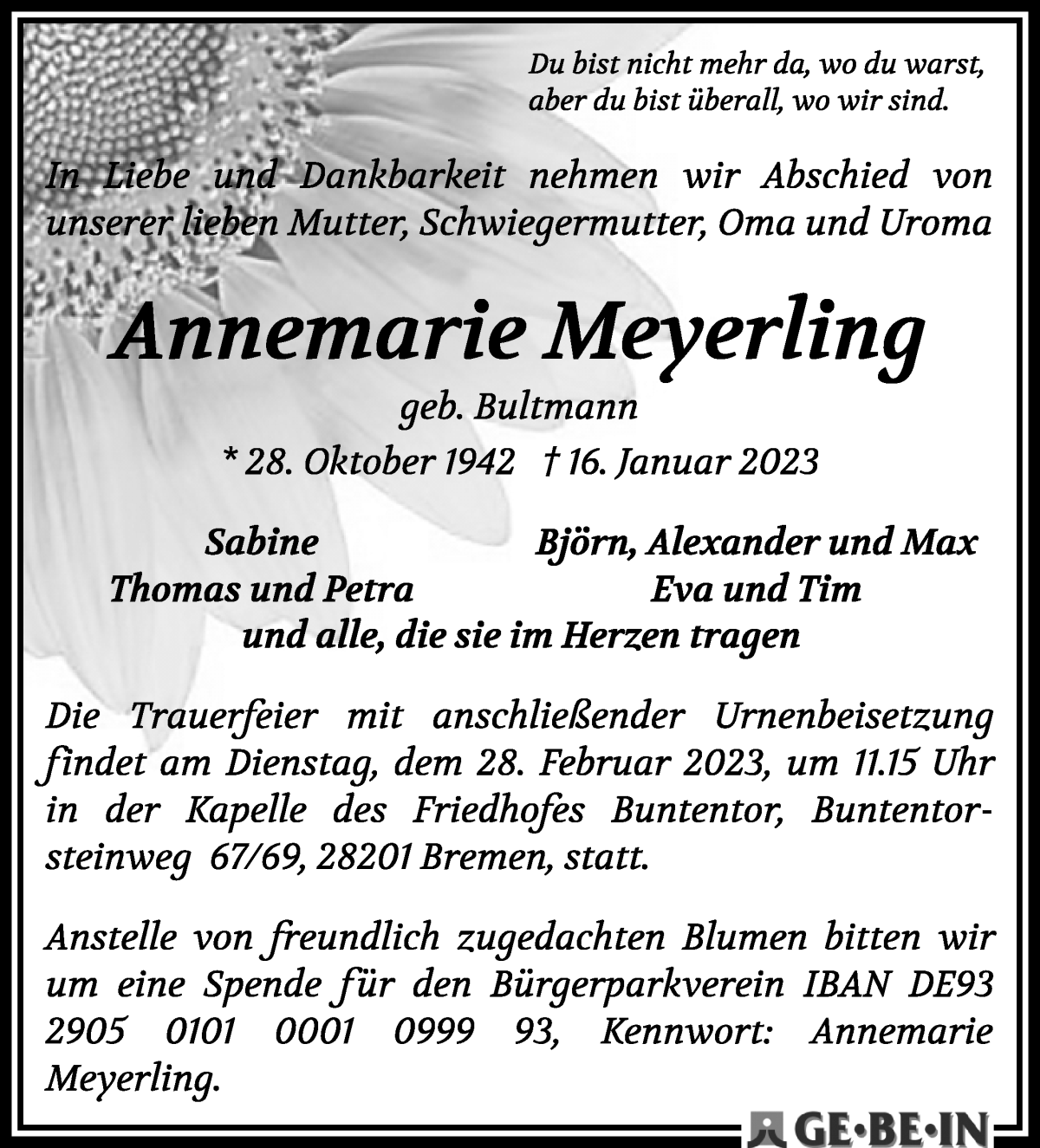  Traueranzeige für Annemarie Meyerling vom 28.01.2023 aus WESER-KURIER