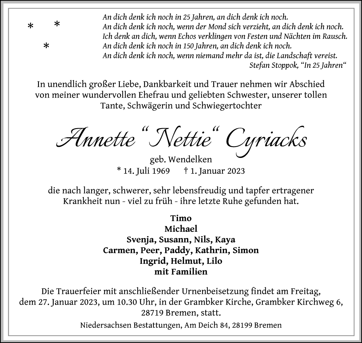  Traueranzeige für Annette Cyriacks vom 14.01.2023 aus WESER-KURIER