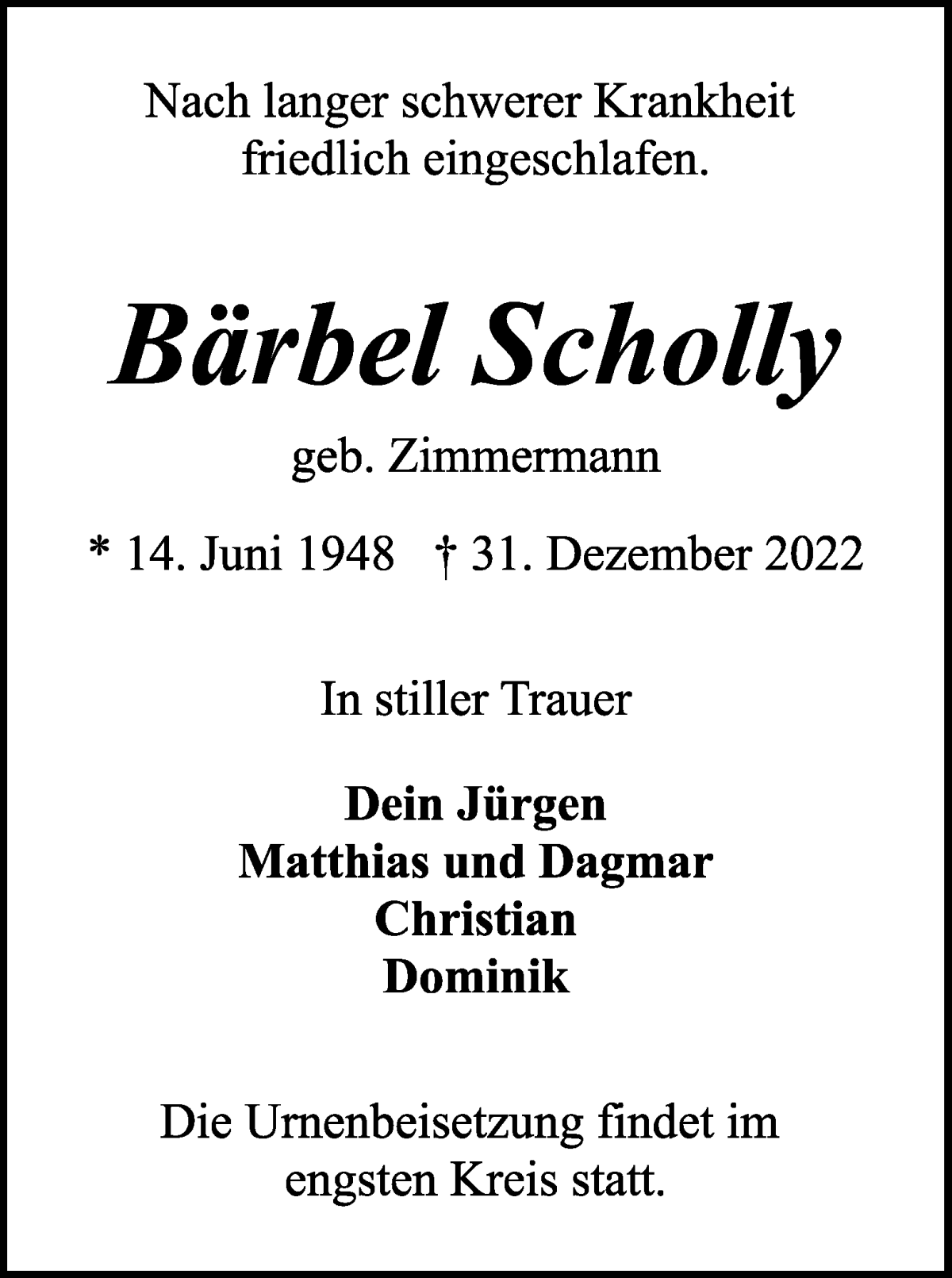  Traueranzeige für Bärbel Scholly vom 14.01.2023 aus WESER-KURIER