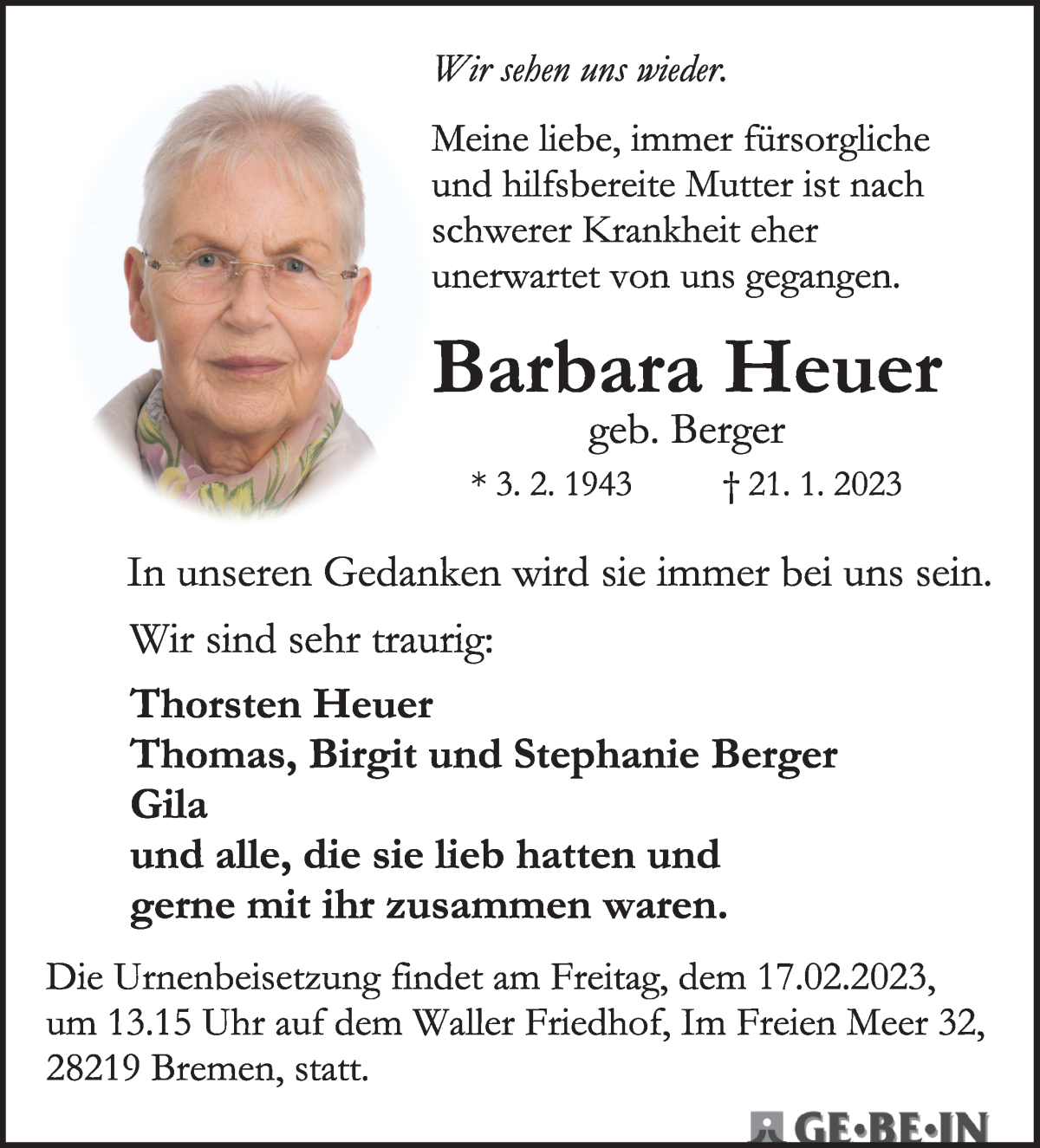 Traueranzeige von Barbara Heuer von WESER-KURIER