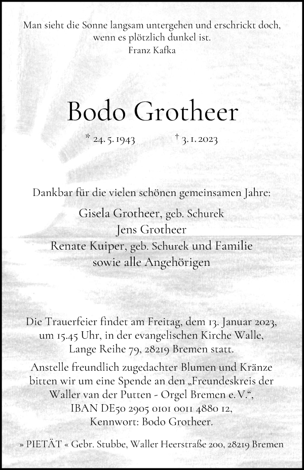 Traueranzeige von Bodo Grotheer von WESER-KURIER