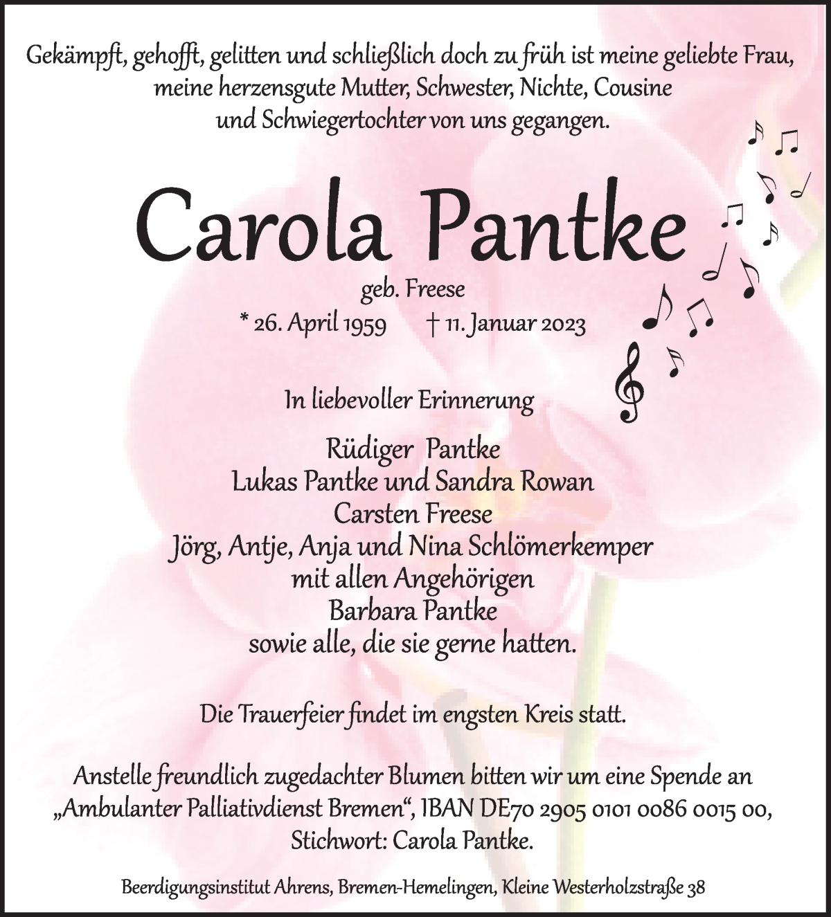  Traueranzeige für Carola Pantke vom 21.01.2023 aus WESER-KURIER