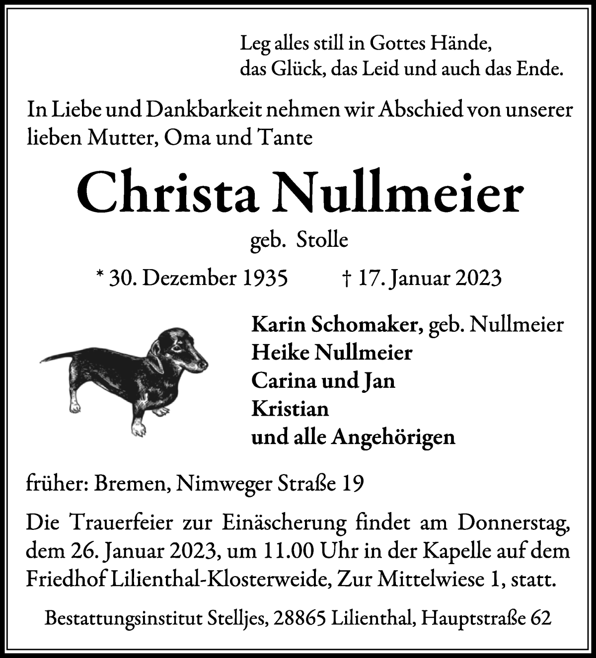  Traueranzeige für Christa Nullmeier vom 21.01.2023 aus WESER-KURIER
