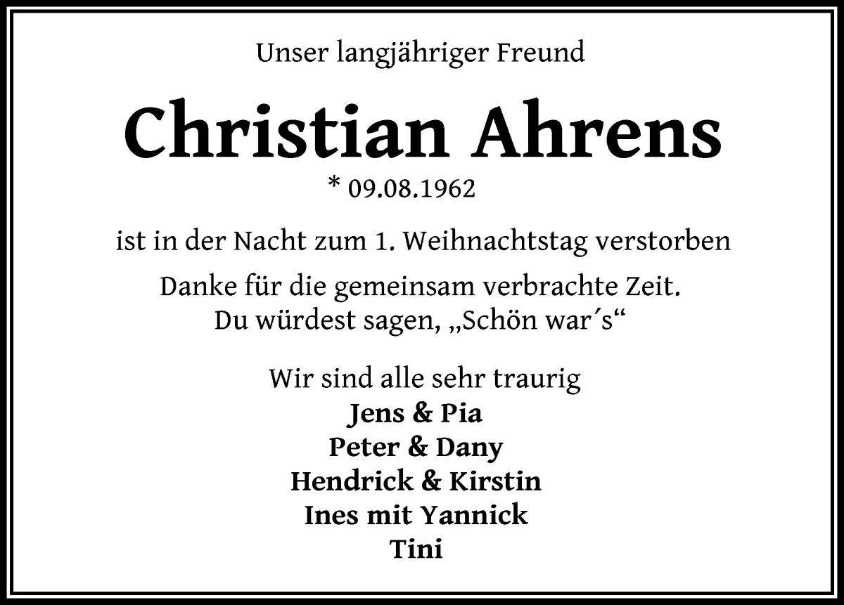 Traueranzeige von Christian Ahrens von WESER-KURIER