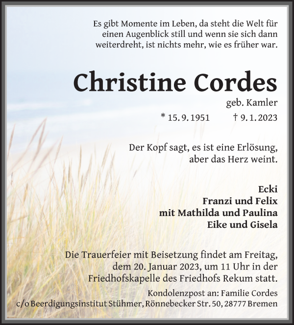 Traueranzeige von Christine Cordes von Die Norddeutsche