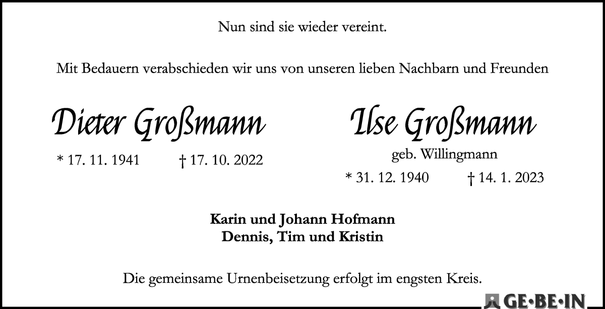  Traueranzeige für Dieter und Ilse Großmann vom 21.01.2023 aus WESER-KURIER