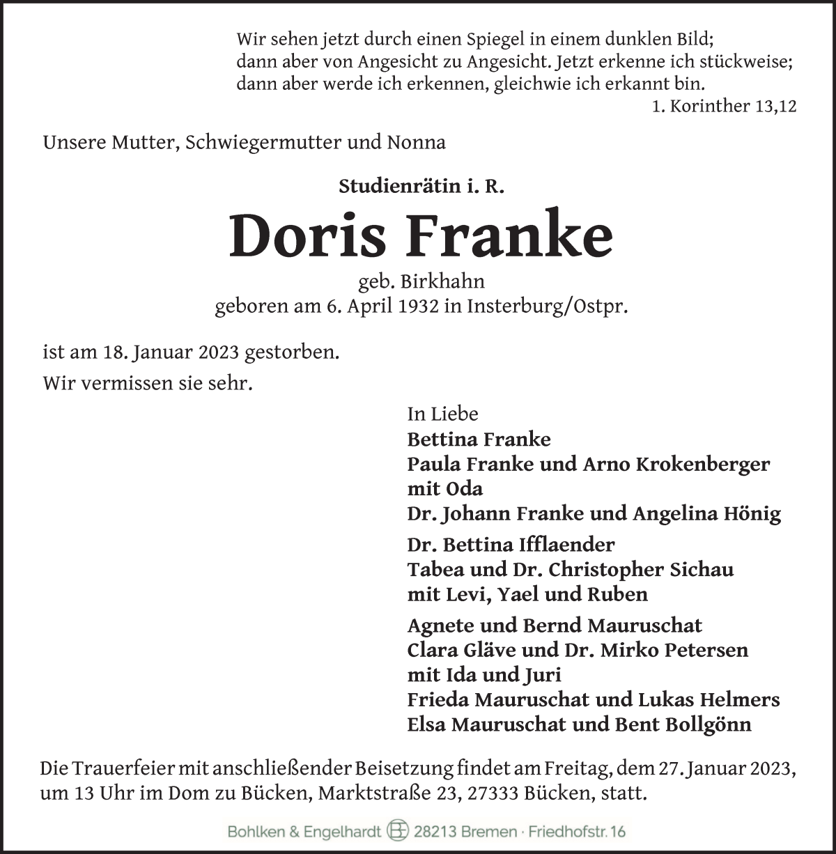  Traueranzeige für Doris Franke vom 21.01.2023 aus WESER-KURIER