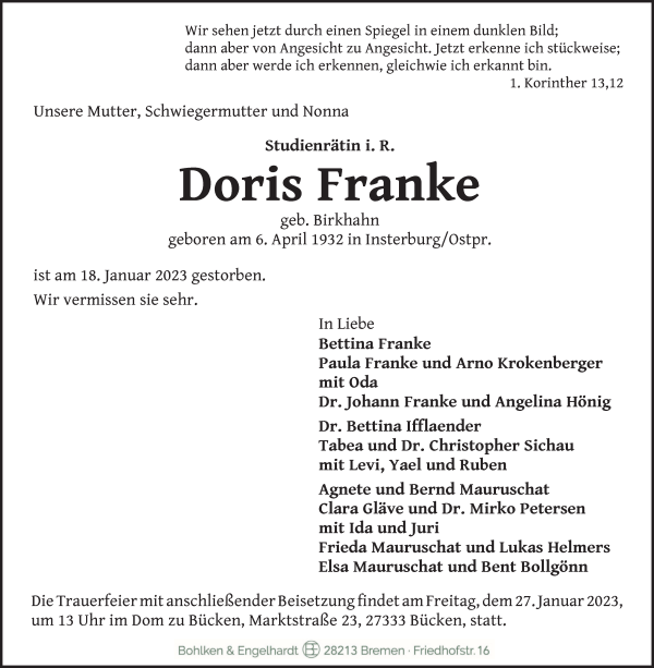 Traueranzeige von Doris Franke von WESER-KURIER