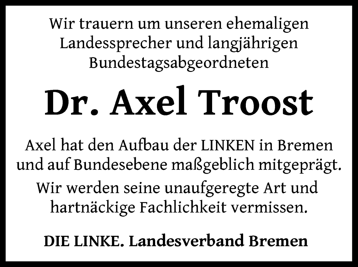 Traueranzeige von Dr. Axel Troost von WESER-KURIER
