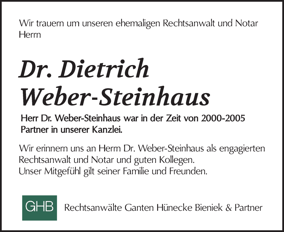 Traueranzeige von Dr. Dietrich Weber-Steinhaus von WESER-KURIER