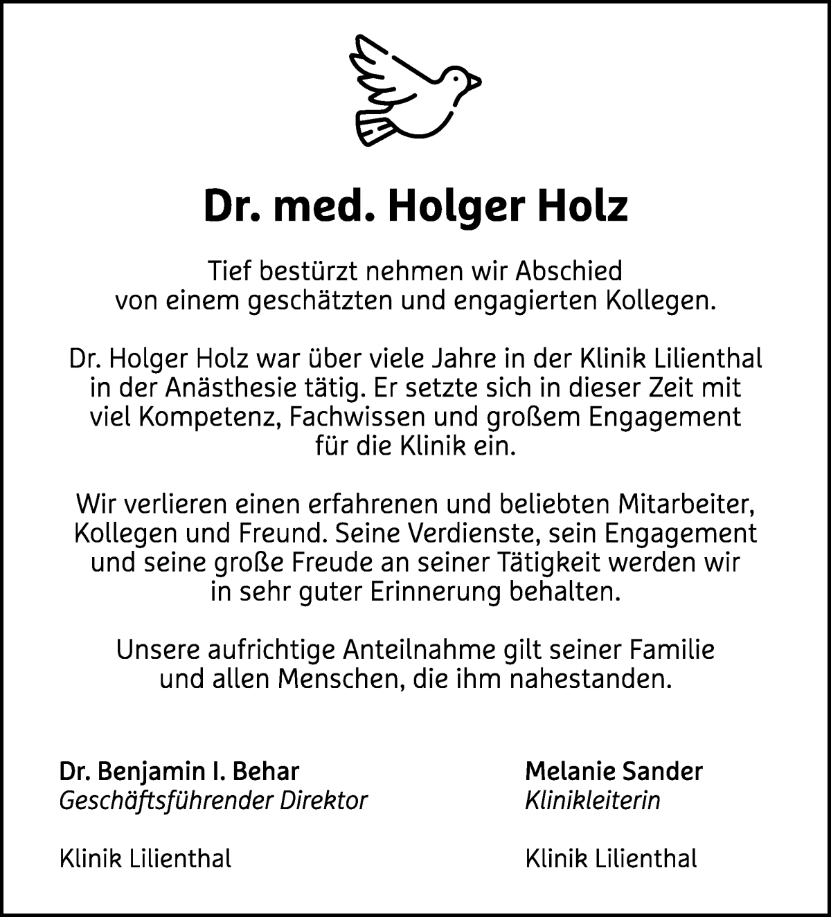 Traueranzeige von Dr. med. Holger Holz von WESER-KURIER