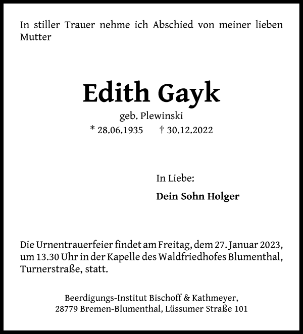 Traueranzeige von Edith Gayk von Die Norddeutsche