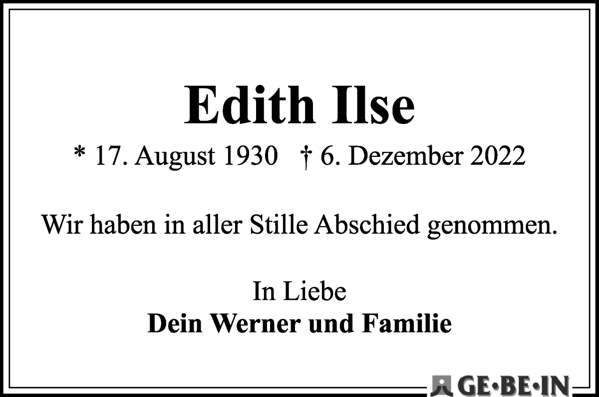 Traueranzeige von Edith Ilse von WESER-KURIER