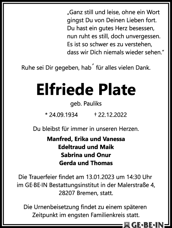Traueranzeige von Elfriede Plate von WESER-KURIER