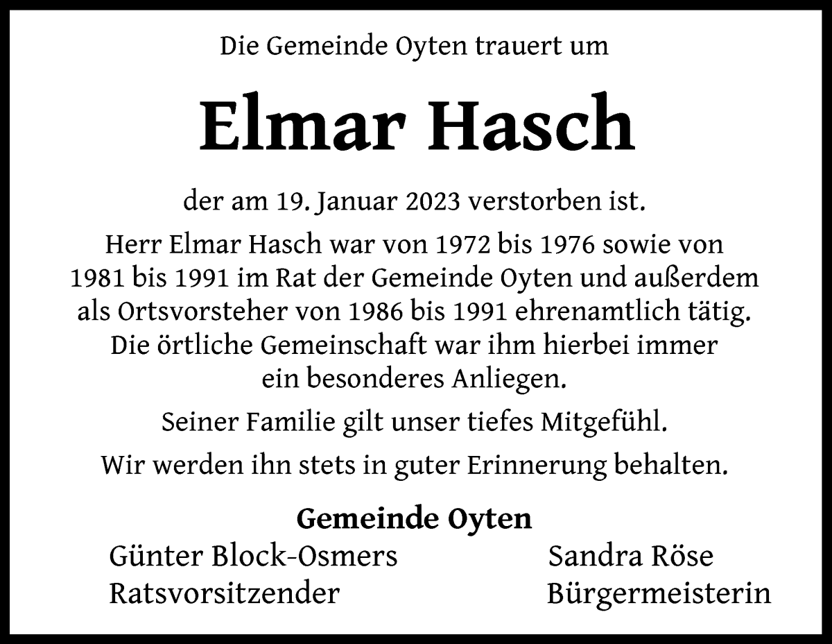 Traueranzeige von Elmar Hasch von Achimer Kurier/Verdener Nachrichten