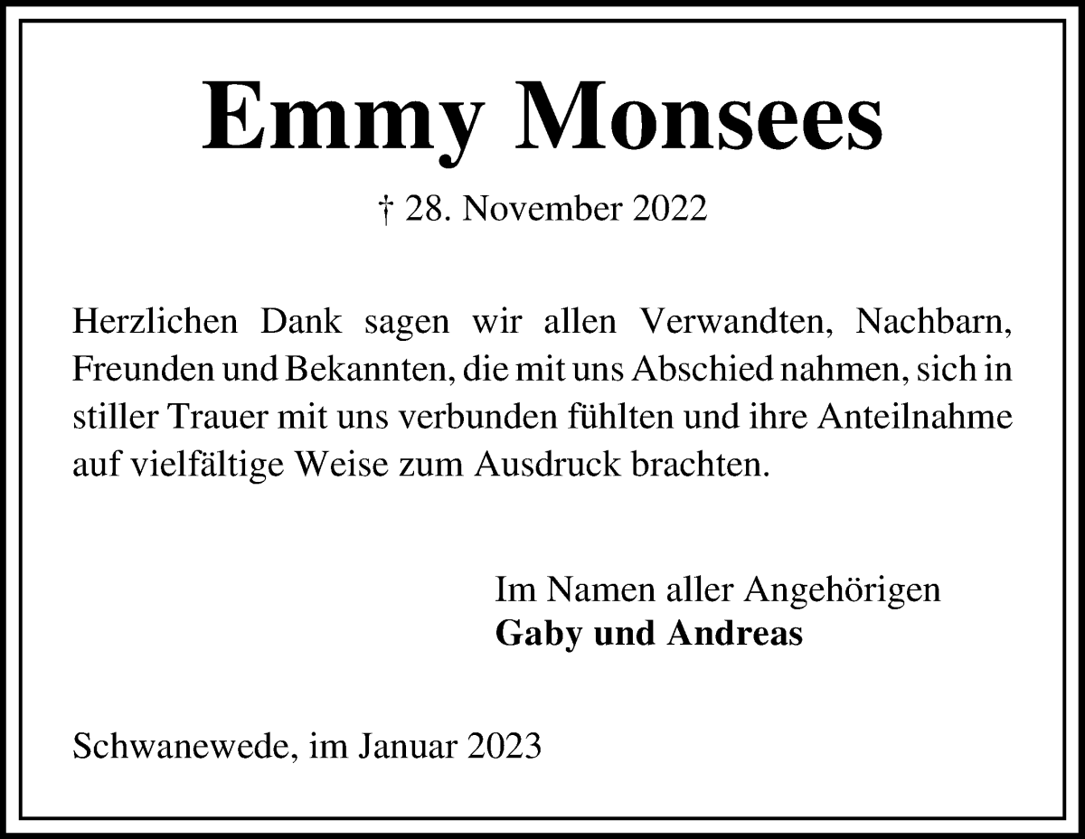  Traueranzeige für Emmy Monsees vom 21.01.2023 aus Die Norddeutsche