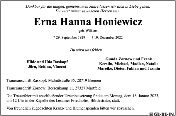 Traueranzeige von Erna Hanna Honiewicz von WESER-KURIER