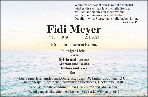 Traueranzeige von Fidi Meyer von Die Norddeutsche