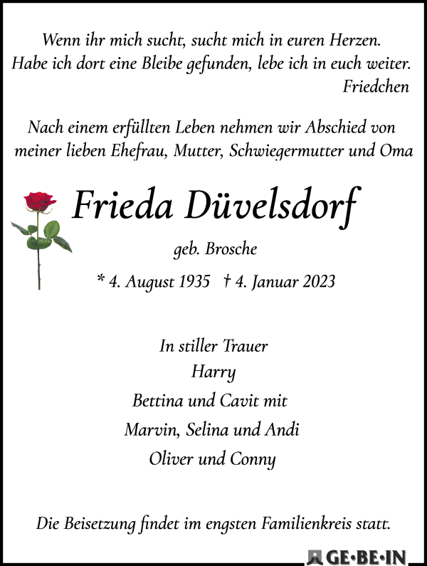 Traueranzeige von Frieda Düvelsdorf von WESER-KURIER