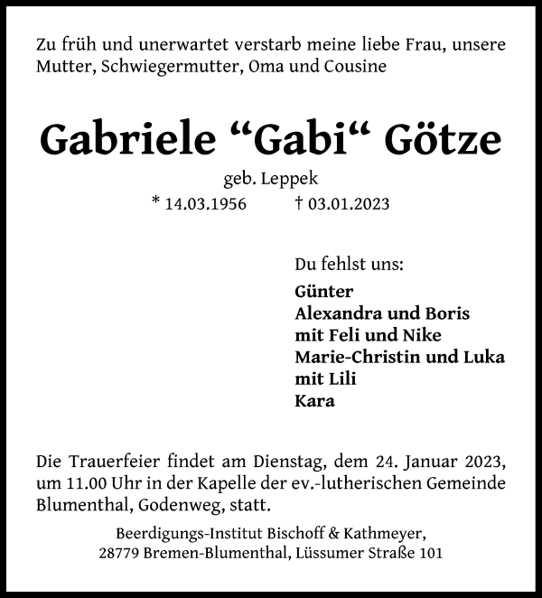 Traueranzeige von Gabriele Gabi Götze von Die Norddeutsche