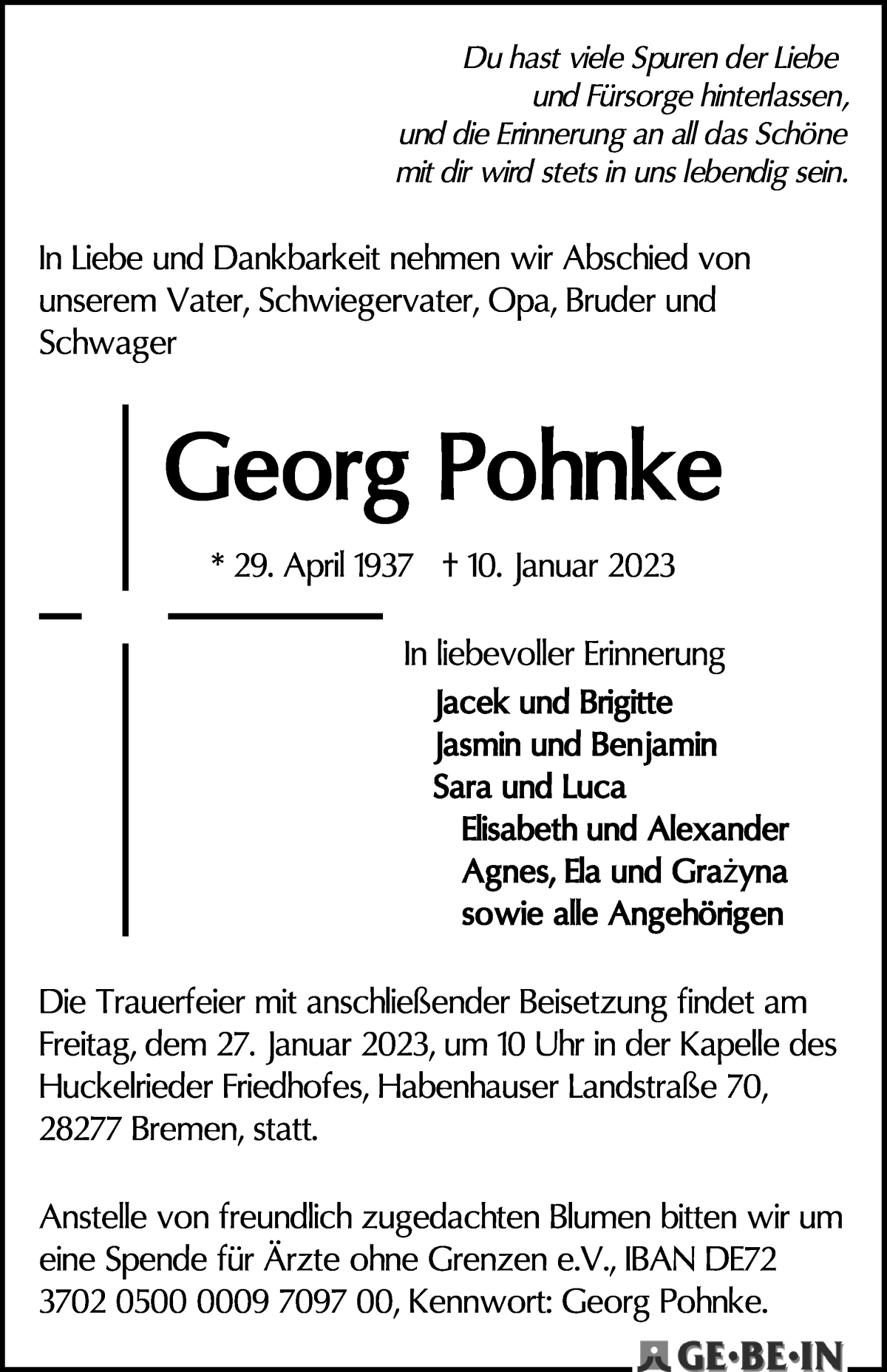 Traueranzeige von Georg Pohnke von WESER-KURIER