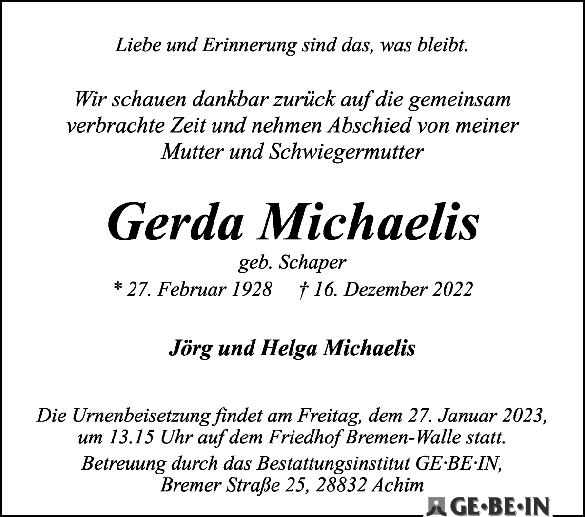 Traueranzeige von Gerda Michaelis von WESER-KURIER