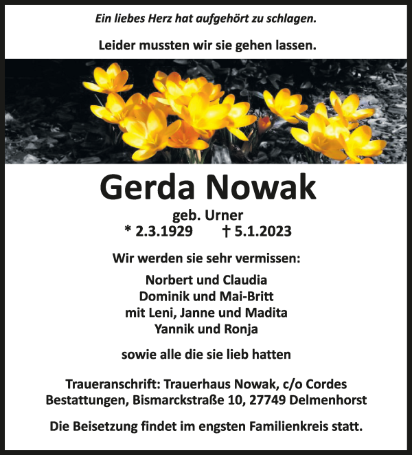Traueranzeige von Gerda Nowak von WESER-KURIER