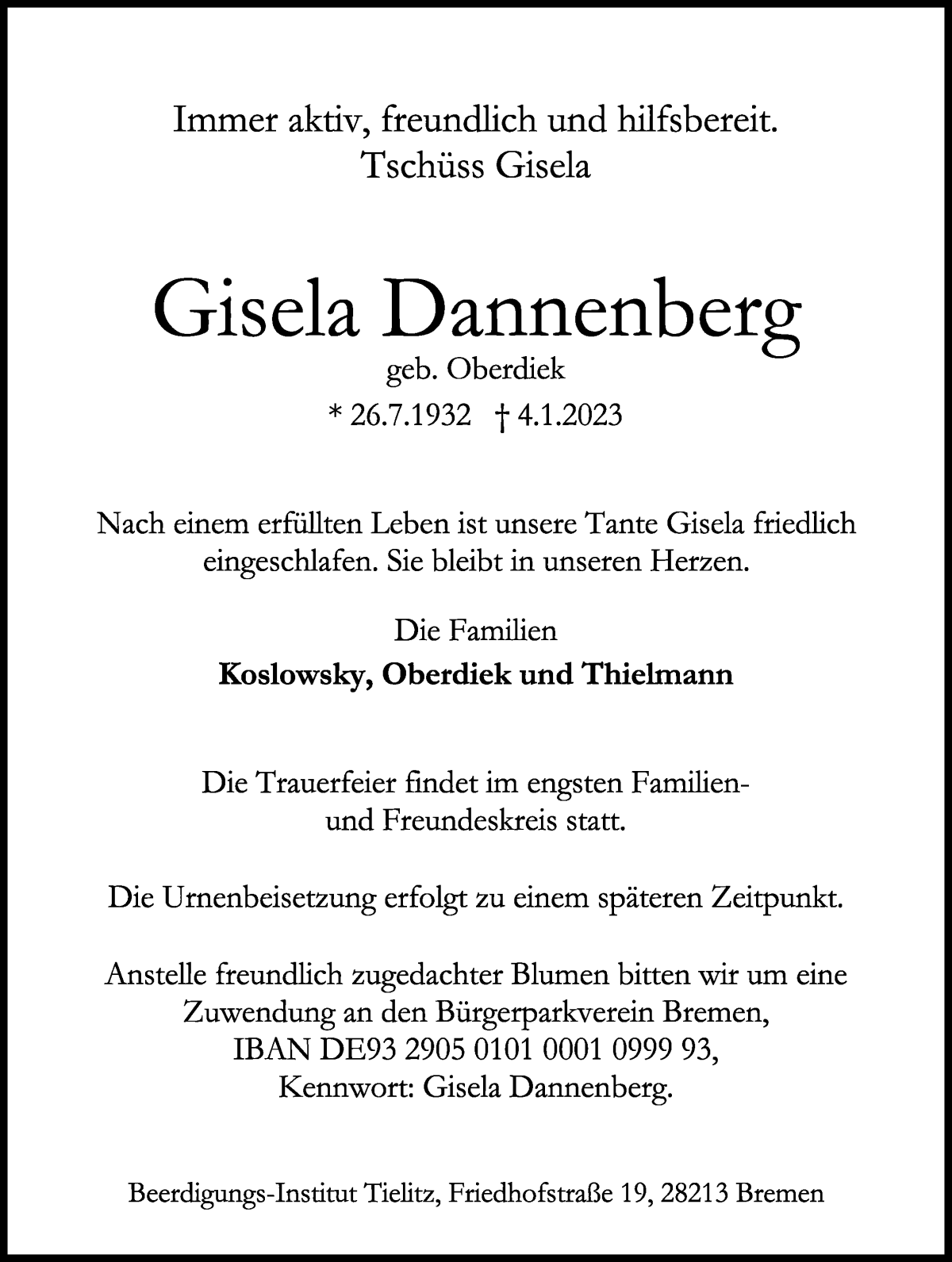  Traueranzeige für Gisela Dannenberg vom 14.01.2023 aus WESER-KURIER