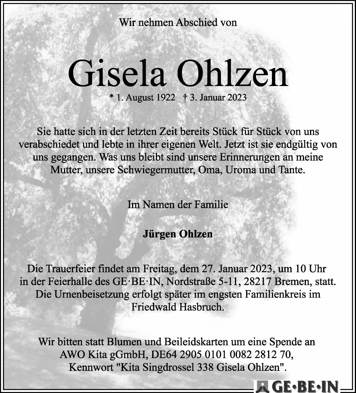 Traueranzeige von Gisela Ohlzen von WESER-KURIER