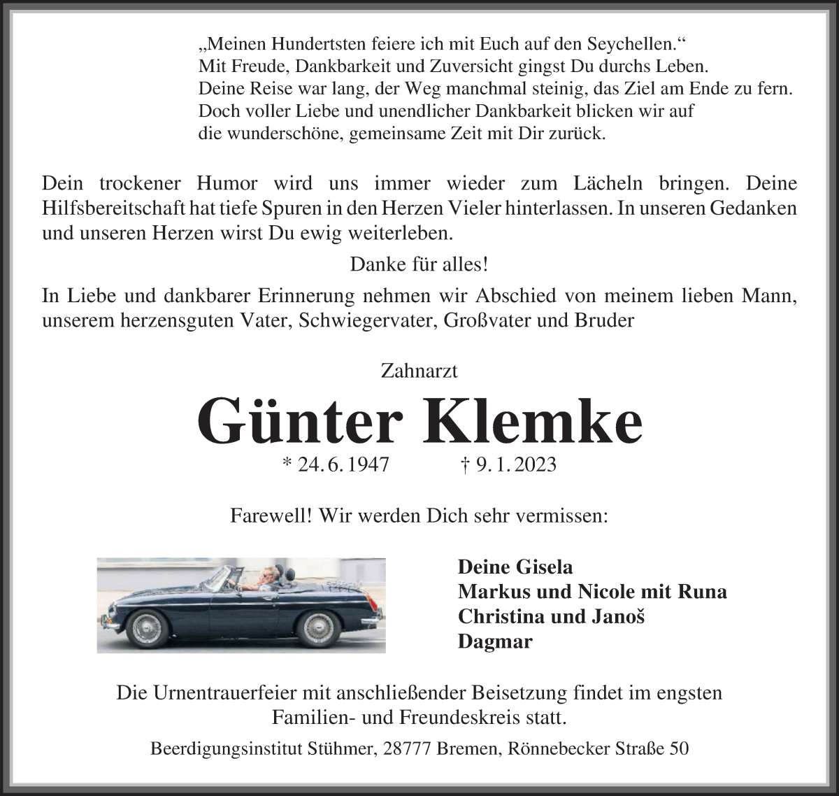  Traueranzeige für Günter Klemke vom 21.01.2023 aus Die Norddeutsche