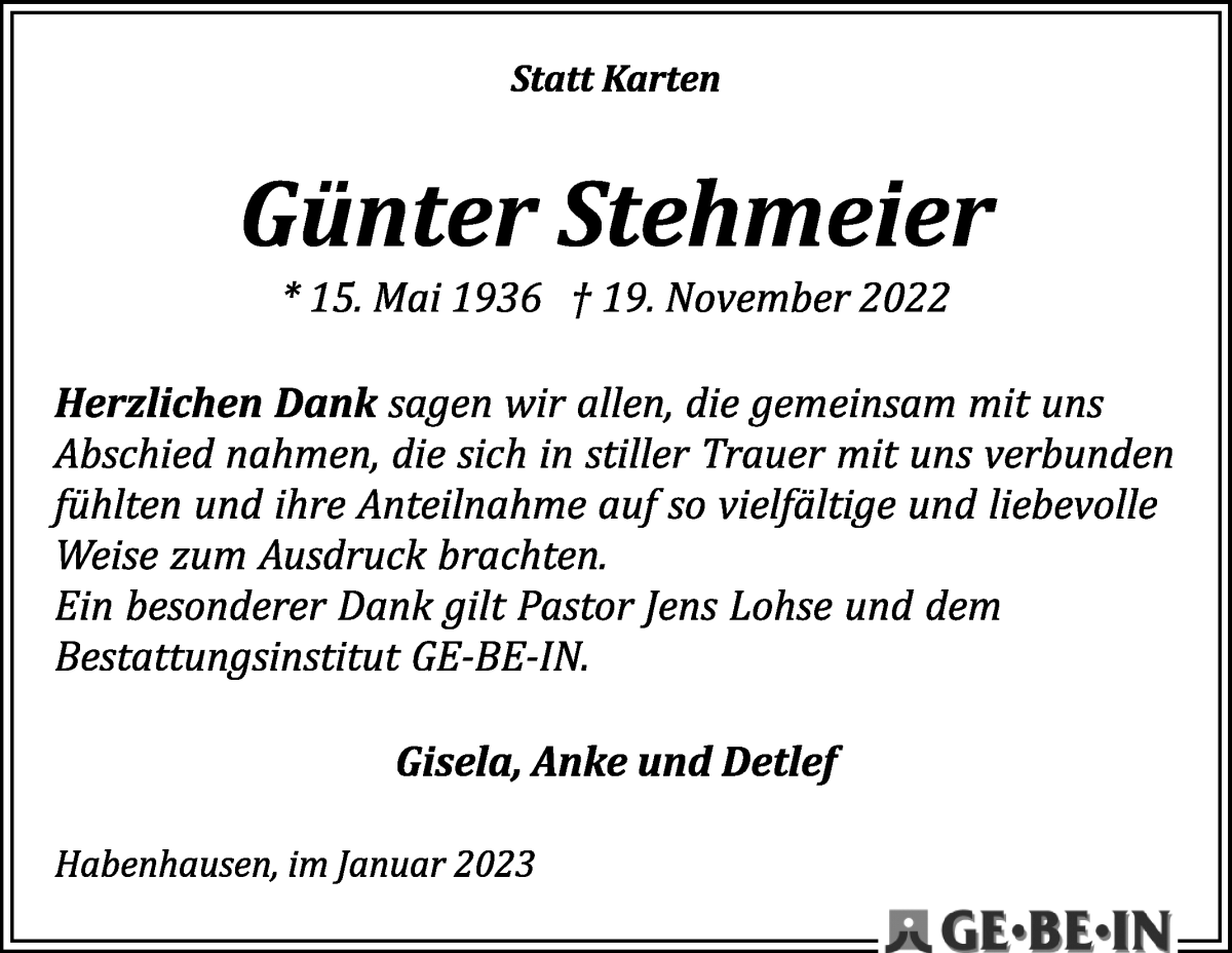 Traueranzeige von Günter Stehmeier von WESER-KURIER